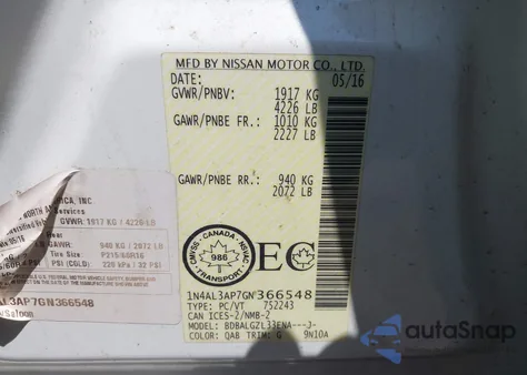 2016 Nissan Altima 2.5/2.5 S/2.5 Sl/2.5 Sr/2.5 Sv z USA, uszkodzony, nr VIN 1N4AL3AP7GN366548